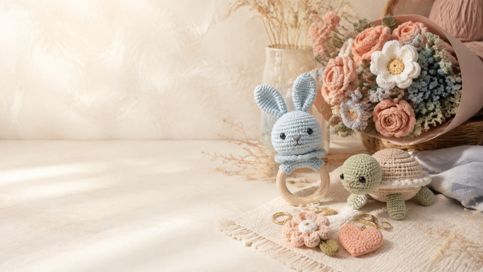 Crafty Corner handmade crochet toys, rattles and flower bouquet
